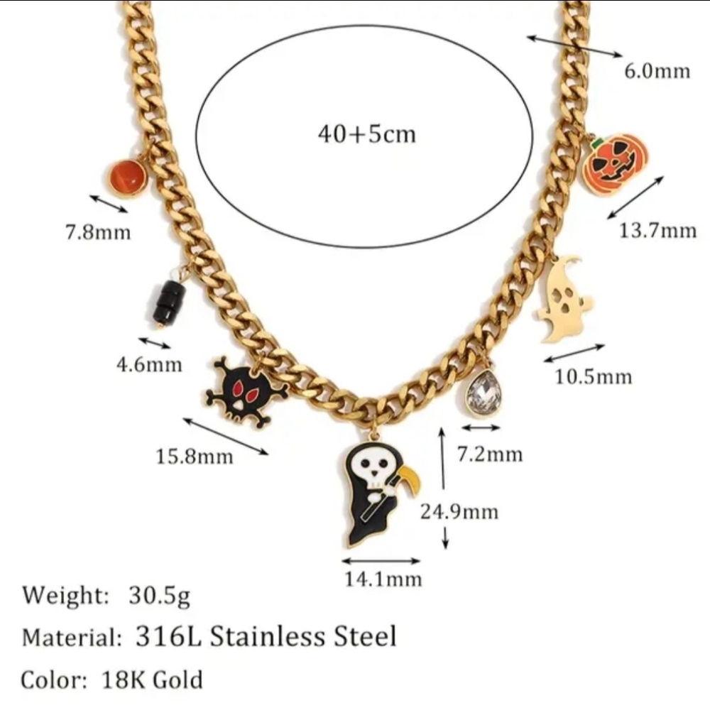 Spooky Chic 18K Gold Plated Halloween Charm Necklace With Ghost, Pumpkin & Skull - Picture 10 of 10